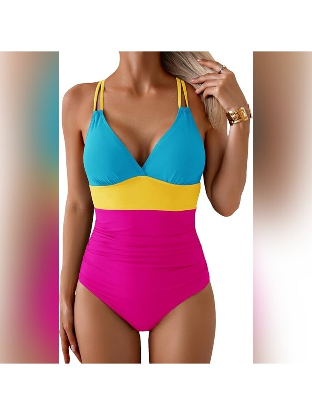 NWT Aidonger One Piece Color Block V Neck High Waisted Swimsuit, M (8-10)